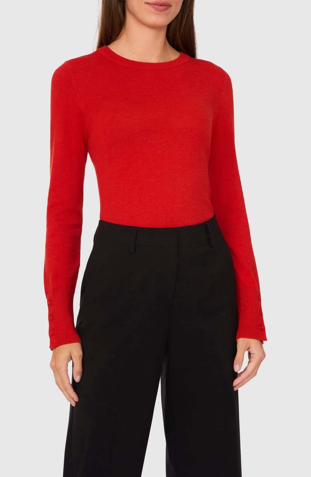 Button Cuff Crewneck Sweater, color, WILD POPPY