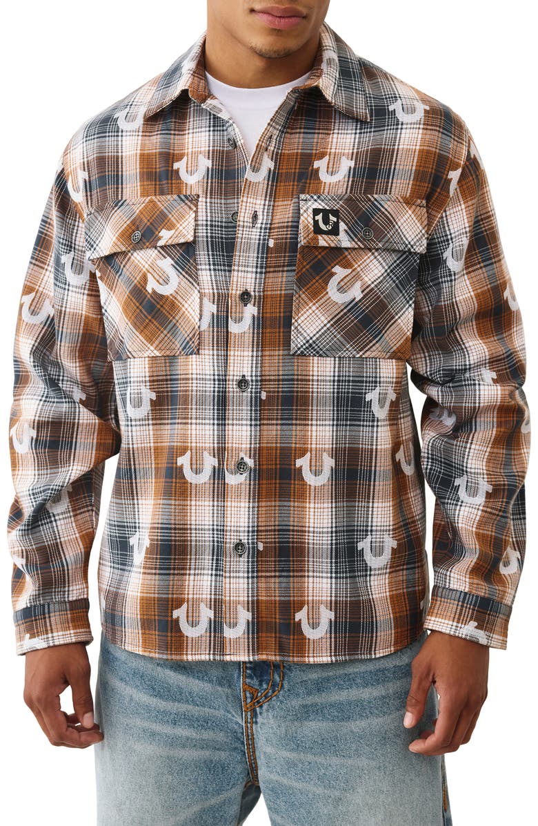 True Religion Embroidered Plaid Cotton Flannel Shirt, Main, color, Sandstorm Chipmunk Midnight