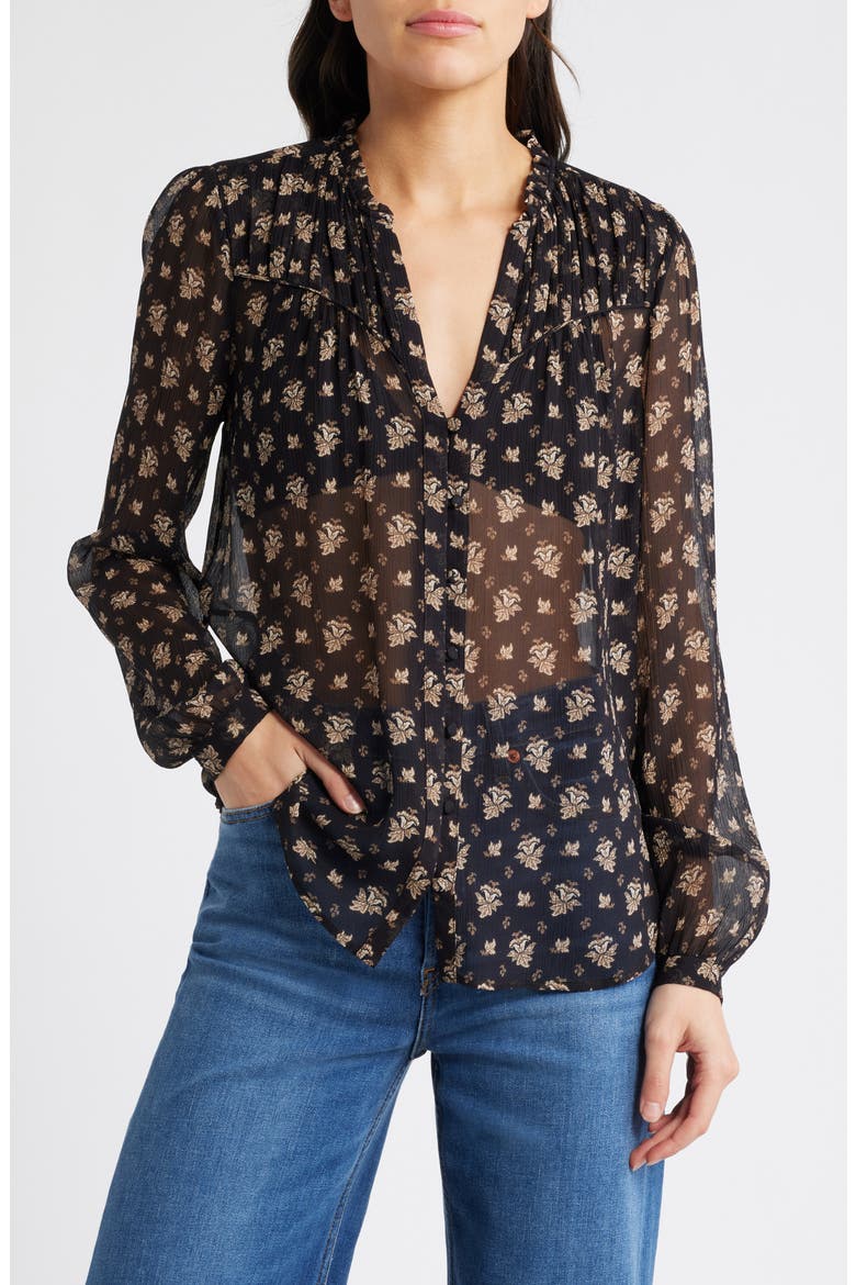 Monika Leaf Print Silk Button-Up Shirt, Main, color, BLACK MULTI