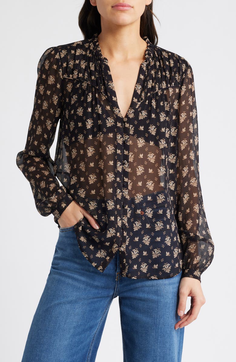 PAIGE Monika Leaf Print Silk Button-Up Shirt, Main, color, 