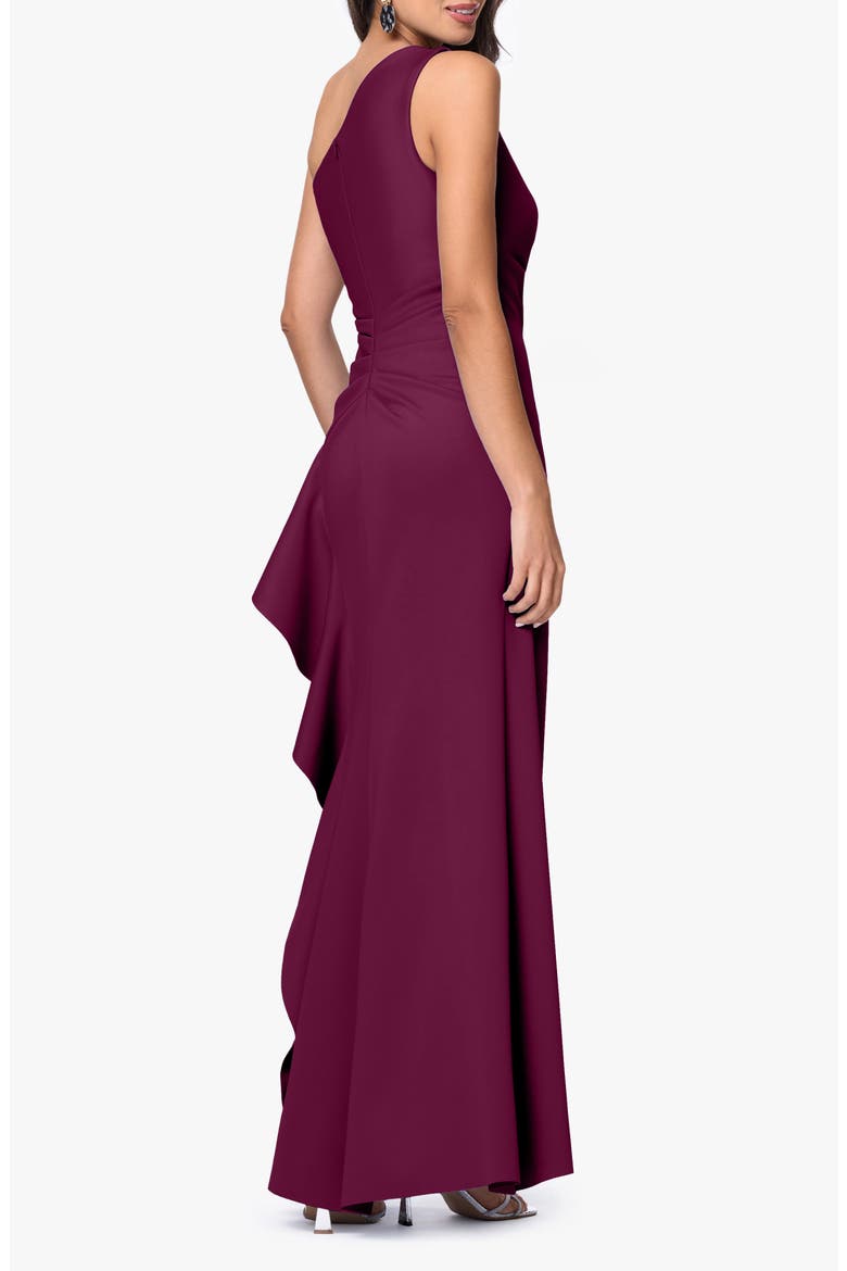 One-Shoulder Ruffle Scuba Crepe Gown, Alternate, color, RAISIN