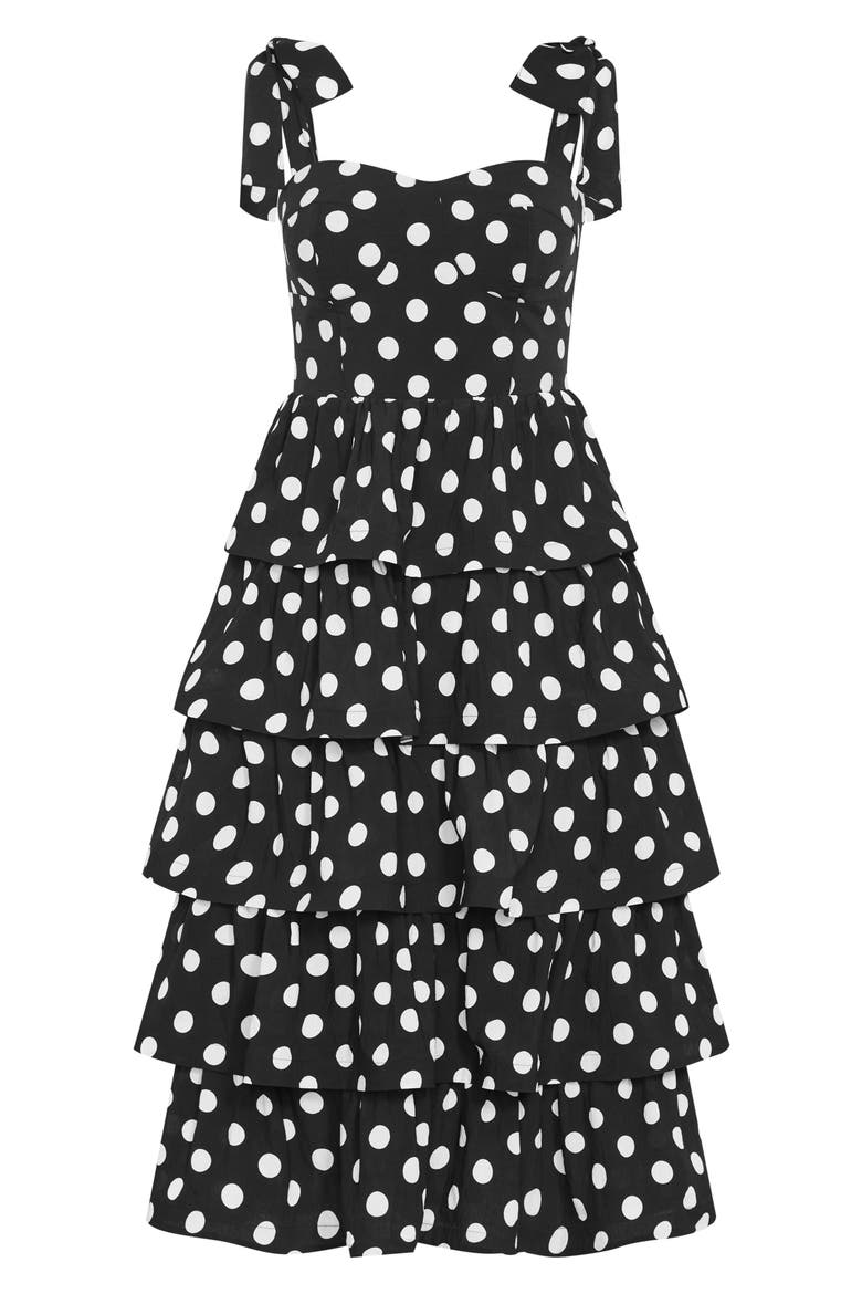 Elina Polka Dot Tie Strap Tiered Midi Dress, Alternate, color, SPOT
