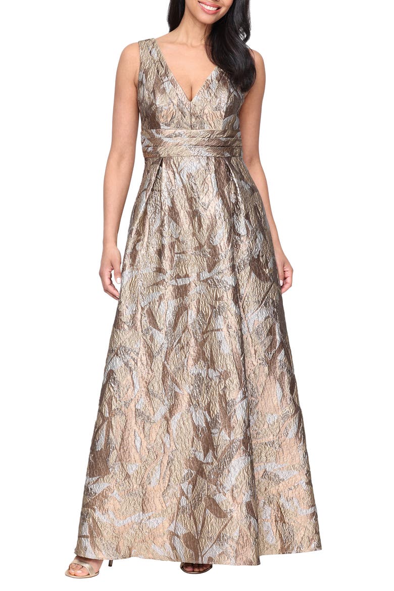 Metallic Jacquard Sleeveless A-Line Gown, Main, color, BRONZE
