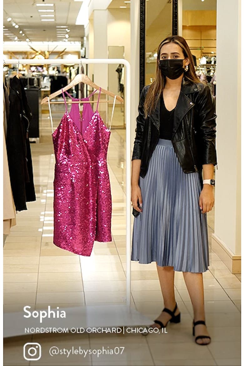 Hilaria Sequin Halter Neck Asymmetric Envelope Hem Minidress video