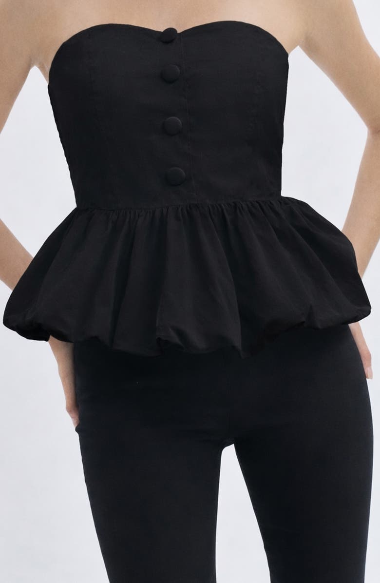 MAUDE CLUB Wyatt Strapless Cotton Bubble Hem Peplum Top, Alternate, color, Black
