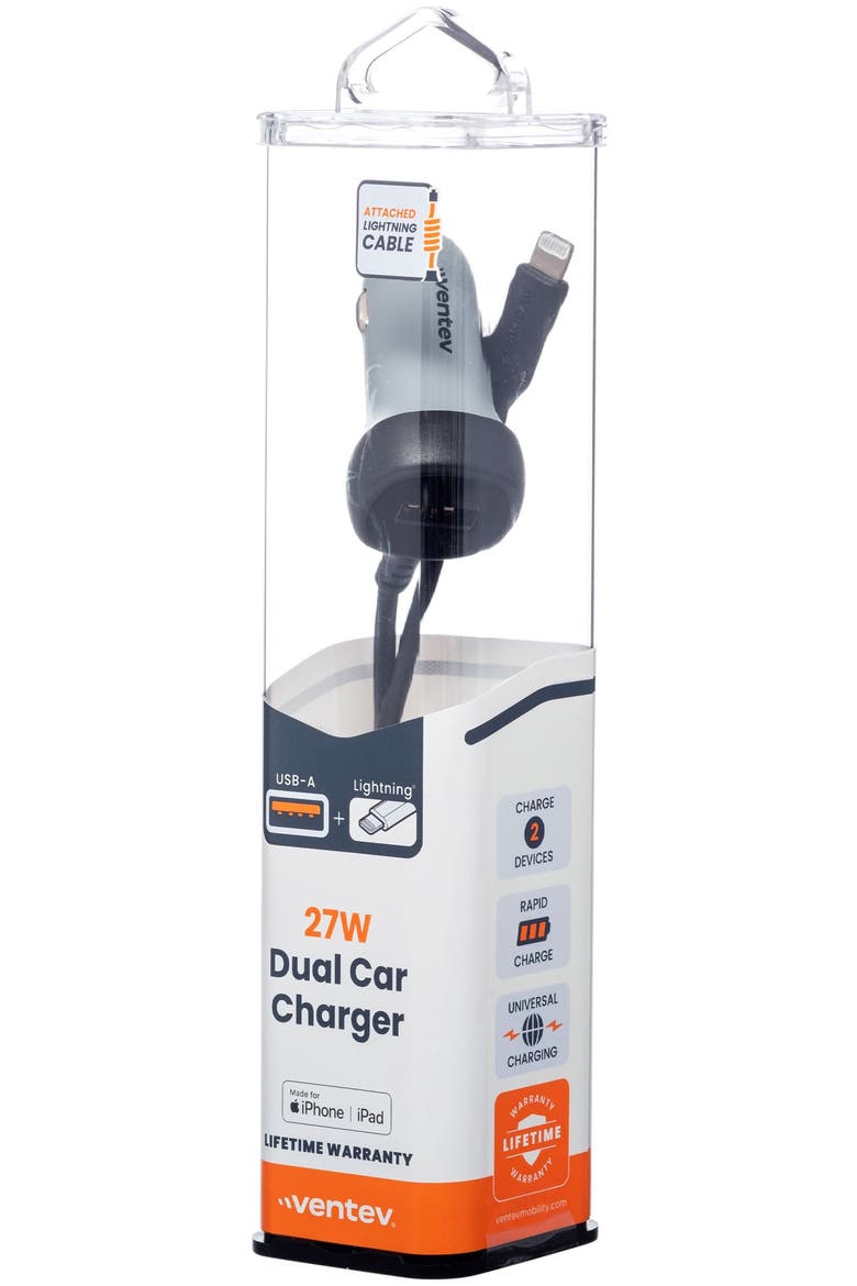 27W ULTRAFAST Dual Car Charger with Apple Lightning Travel Cable, Alternate, color, Grey