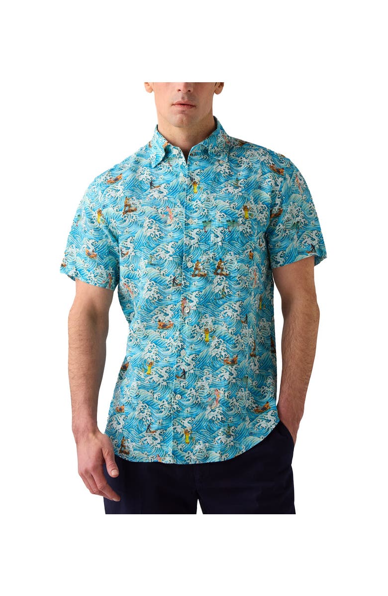Robert Talbott Morgan Surf Printed Linen Short Sleeve Shirt, Main, color, Blue Waves