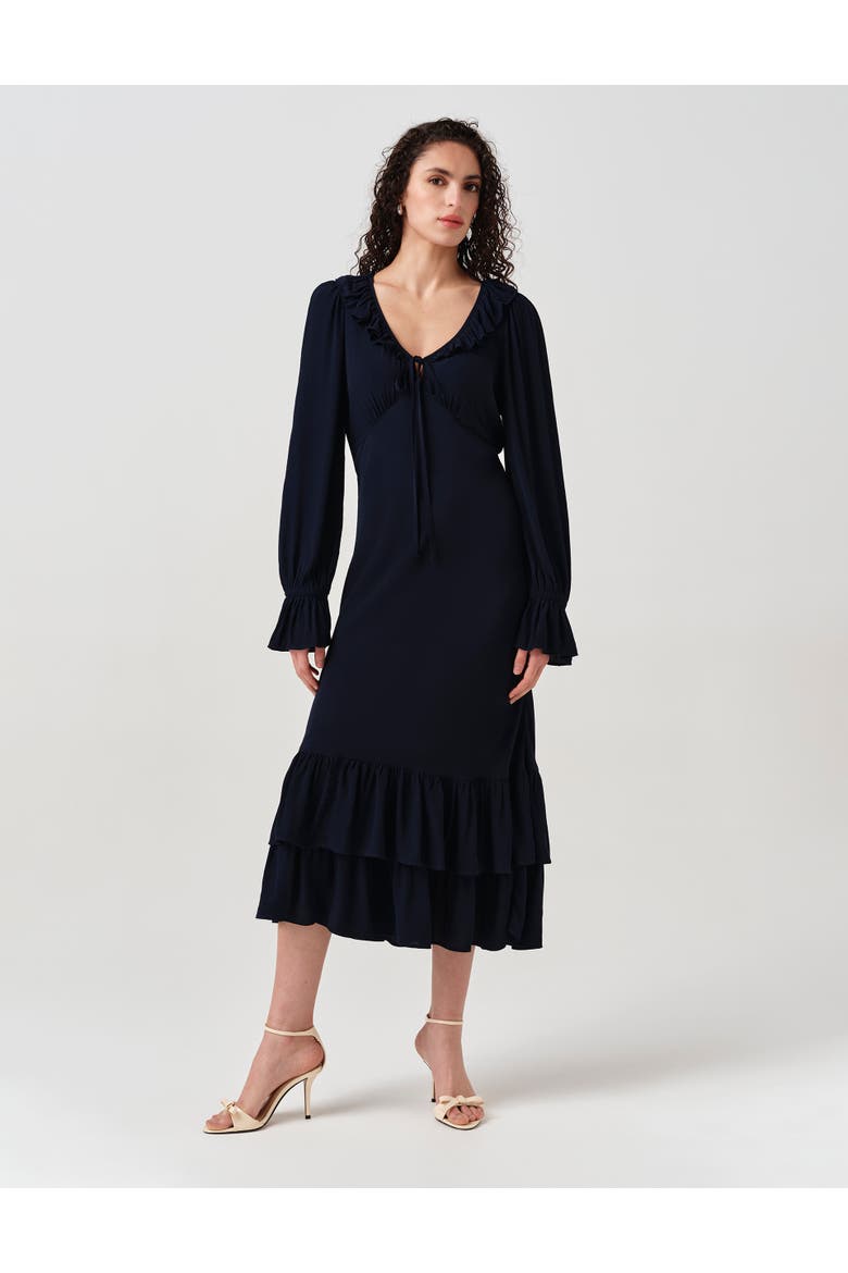 Melina Crepe Ruffle Hem Midi Dress, Main, color, Navy