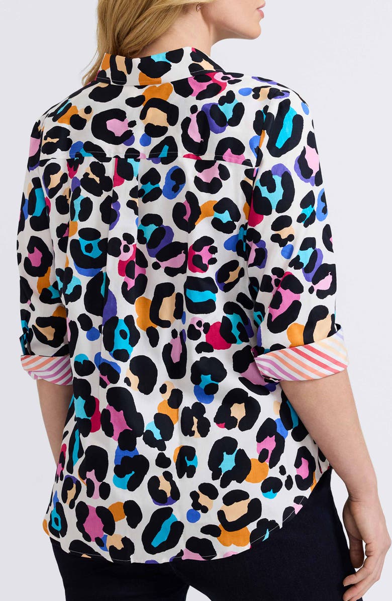 Foxcroft Charlie Colorful Leopard Print Cotton Button-Up Shirt, Alternate, color, White Multi