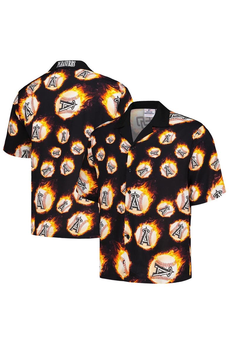 Men's PLEASURES  Black Los Angeles Angels Flame Fireball Button-Up Shirt, Main, color, Black