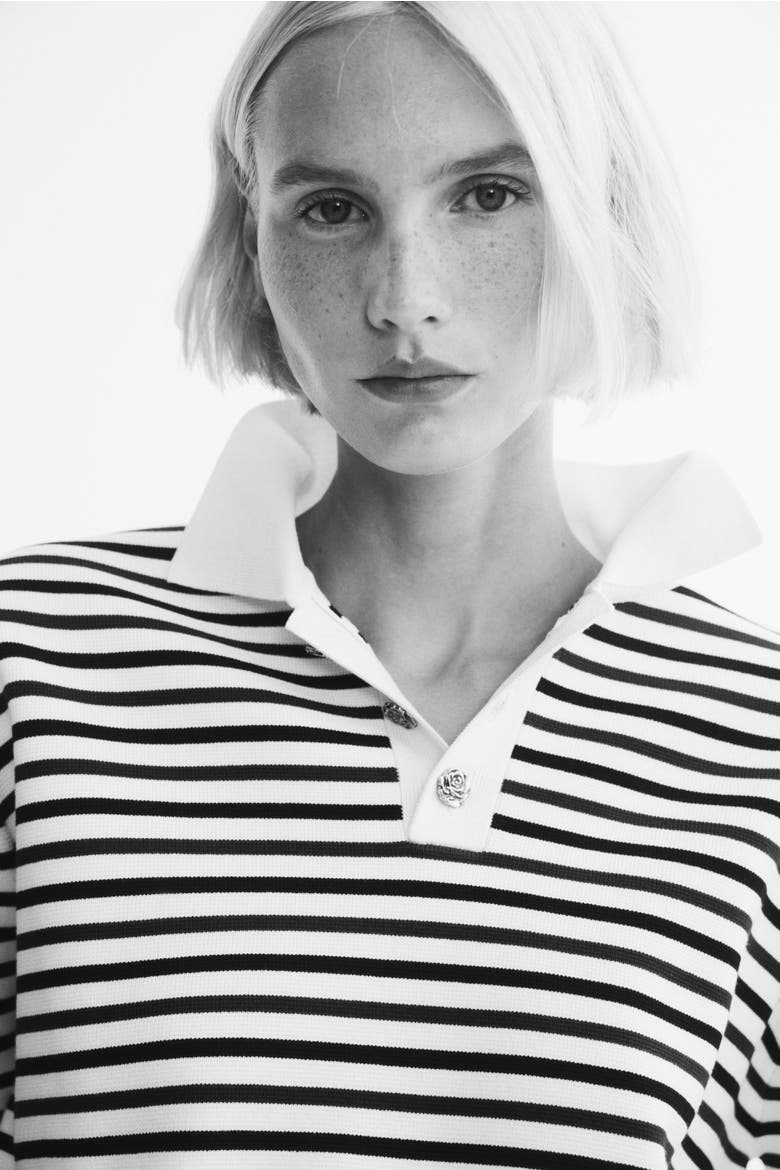 Fine-Knit Polo Shirt With Shoulder Pads, Alternate, color, Cream/striped