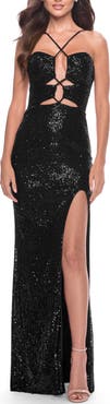 La Femme Stretch Sequin Dress with Unique Front Cut Outs