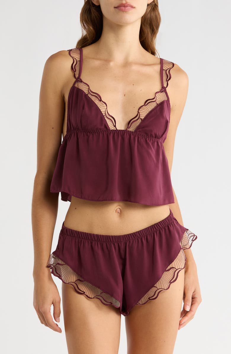 Bluebella Marabel Embroidered Trim Satin Camisole & Shorts Set, Main, color, Cherry Lacquer/ Sheer