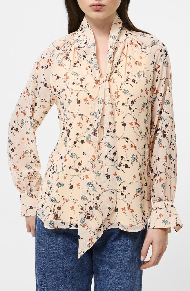 French Connection Leithia Floral Chiffon Tie Neck Top, Main, color, Bisque Multi