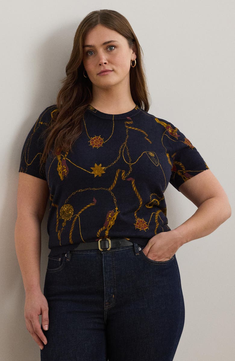 Lauren Ralph Lauren Eylah Medallion Print Short Sleeve Cotton & Modal Sweater, Alternate, color, 