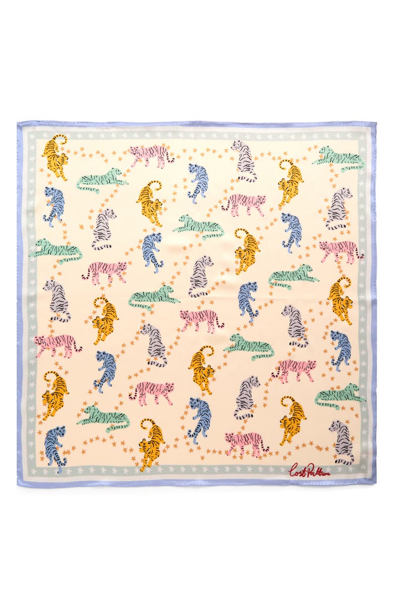 Lost Pattern Neon Tigers Silk Square Bandana, Main, color, Ivory/ Pastel Blue