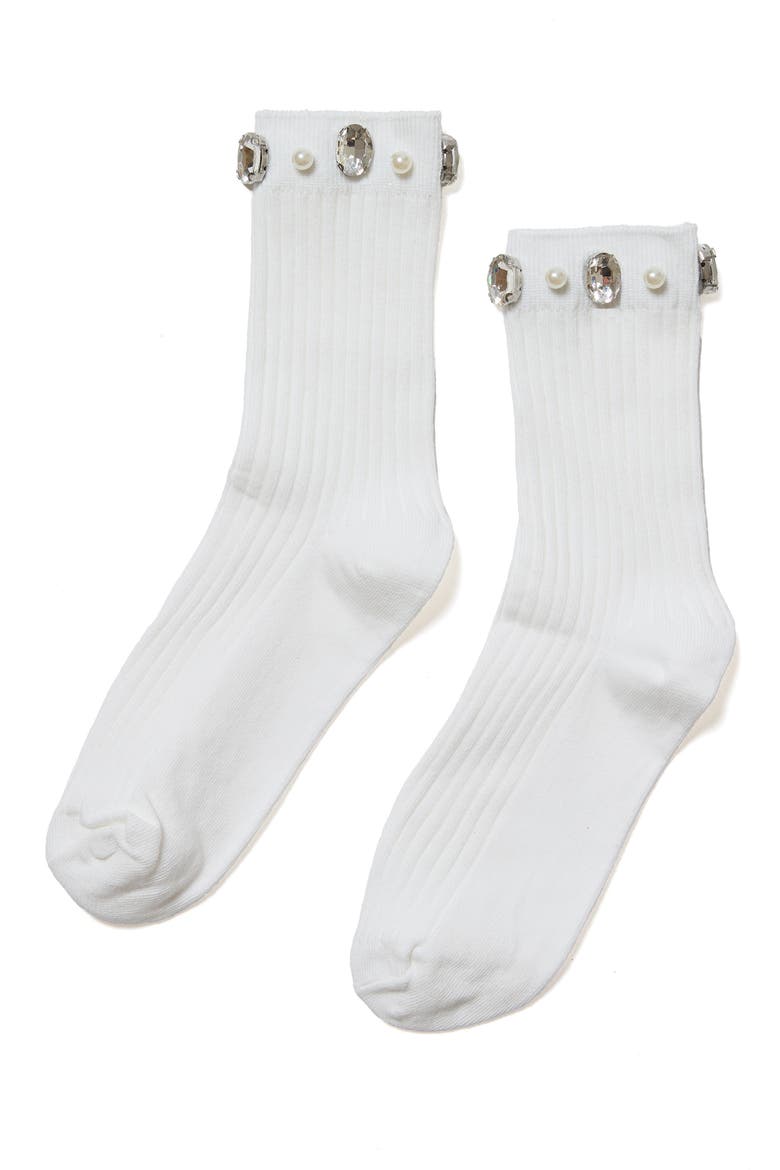 Crystal & Faux Pearl Cluster Rib Crew Socks, Main, color, CREAM