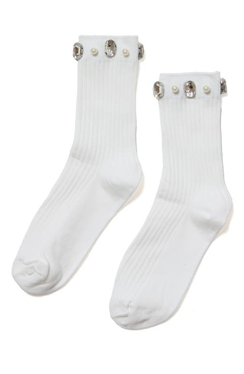 Crystal & Faux Pearl Cluster Rib Crew Socks