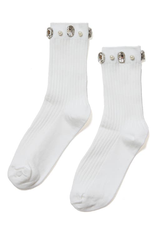 Stems Crystal & Faux Pearl Cluster Rib Crew Socks In Brown