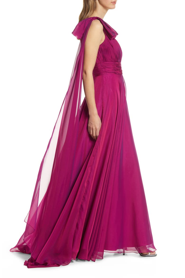 One Shoulder Pleated Chiffon Gown with Draped Waist and High Slit, Alternate, color, RASPBERRY