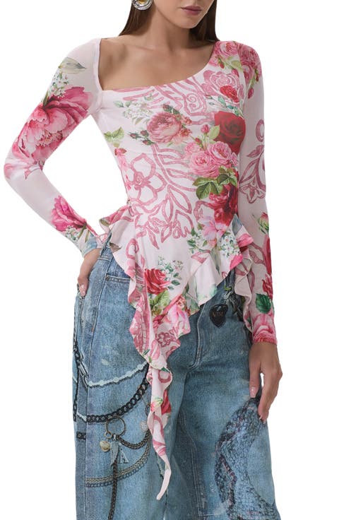 Doris Ruffle Asymmetric Mesh Top