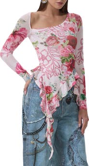 AFRM Doris Ruffle Asymmetric Mesh Top