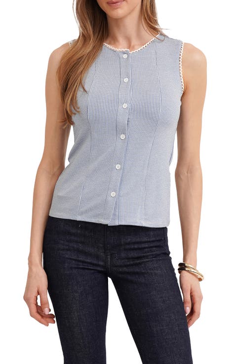 Picot Trim Sleeveless Houndstooth Top