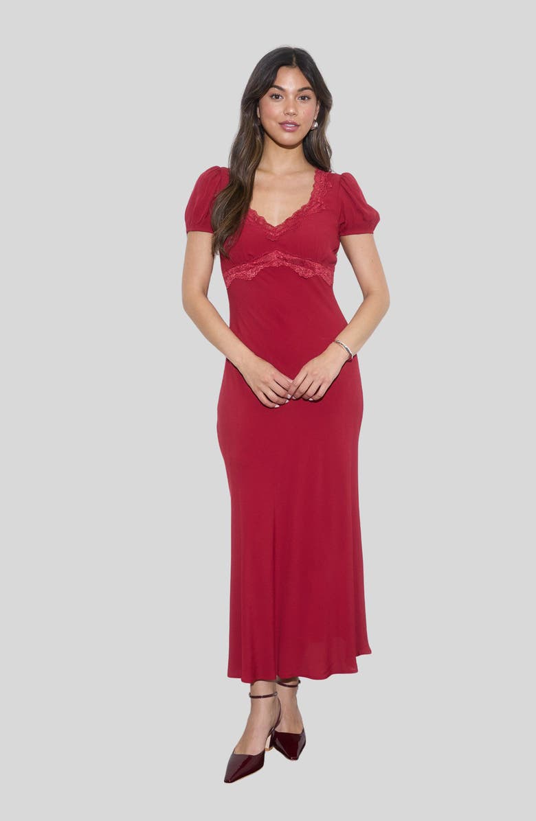 Blu Pepper Lace Trim Puff Sleeve Midi Dress, Alternate, color, Red