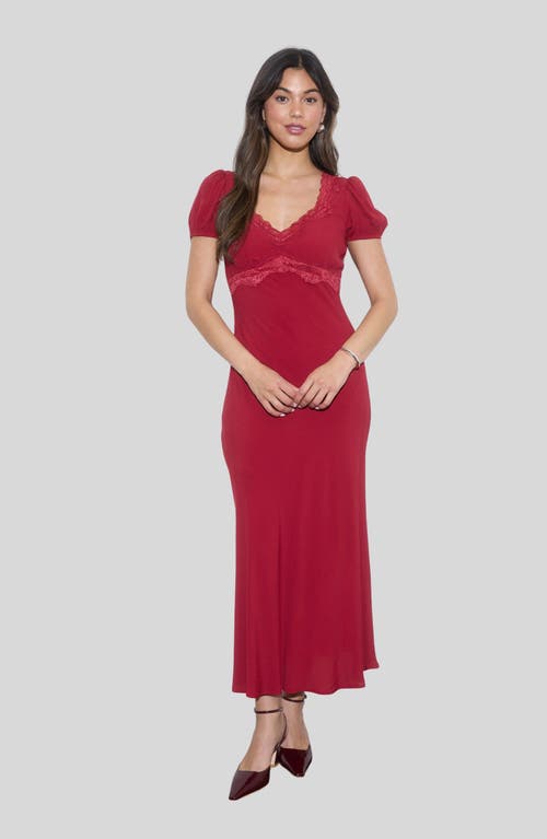 Blu Pepper Lace Trim Puff Sleeve Midi Dress In Red