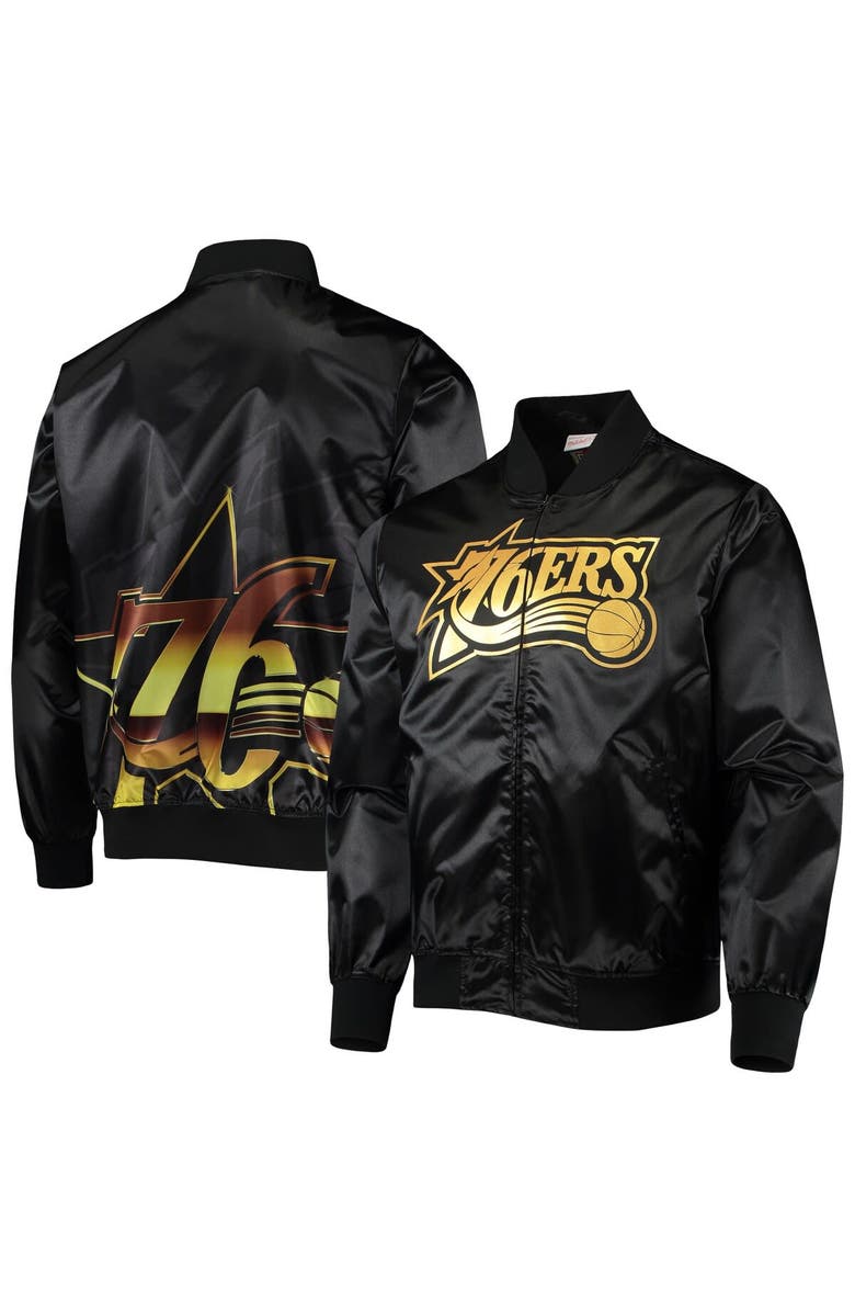 Mitchell & Ness Men's Mitchell & Ness Black Philadelphia 76ers Big Face 4.0 Satin Full-Zip Jacket, Alternate, color, 