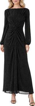 Oleg Cassini Knot Front Shimmer Long Sleeve Gown