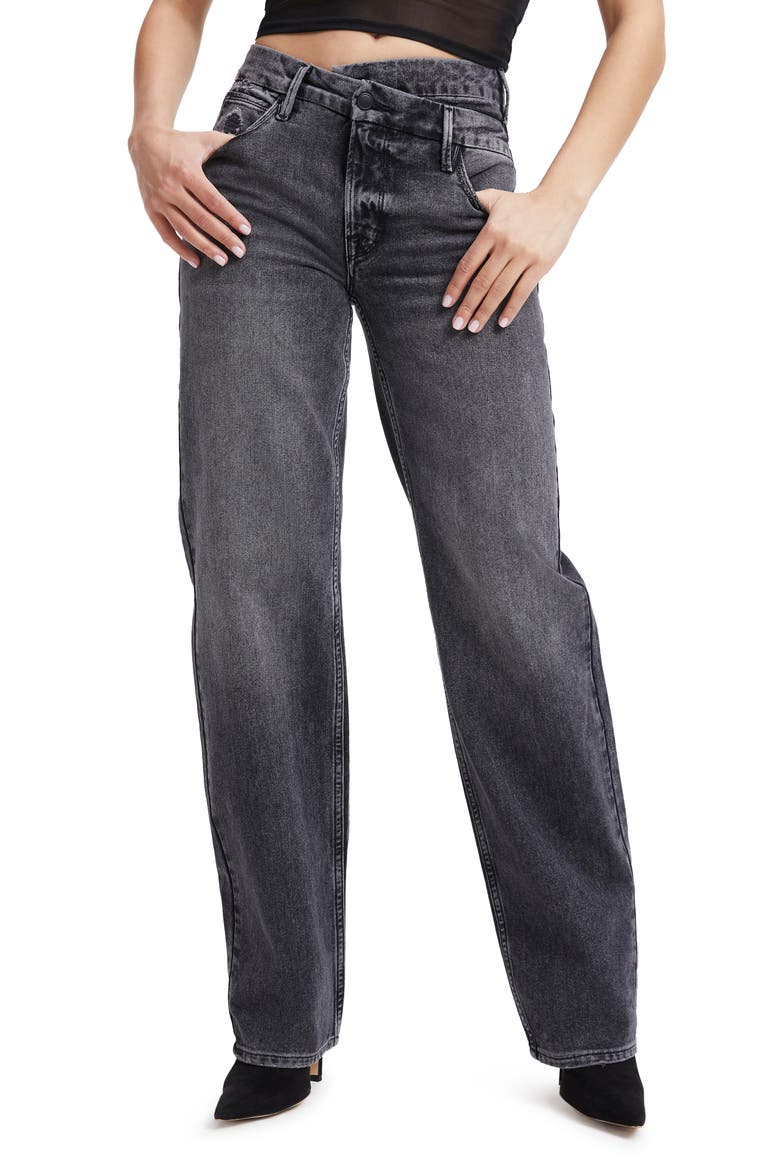 Good 90s High Waist Crossover Waistband Nonstretch Jeans, Main, color, BLACK286