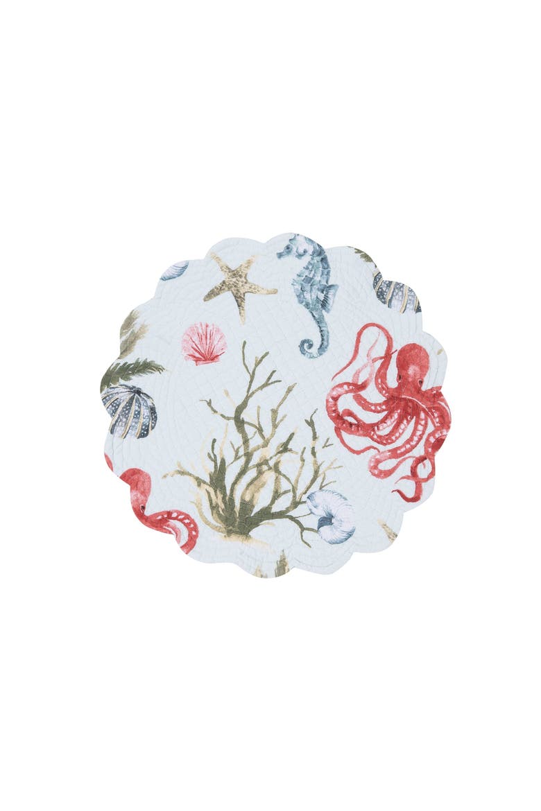 Behari Coastal Sea Life Cotton Quilted Round Reversible Placemats, Set of 6, 17", Alternate, color, Blue