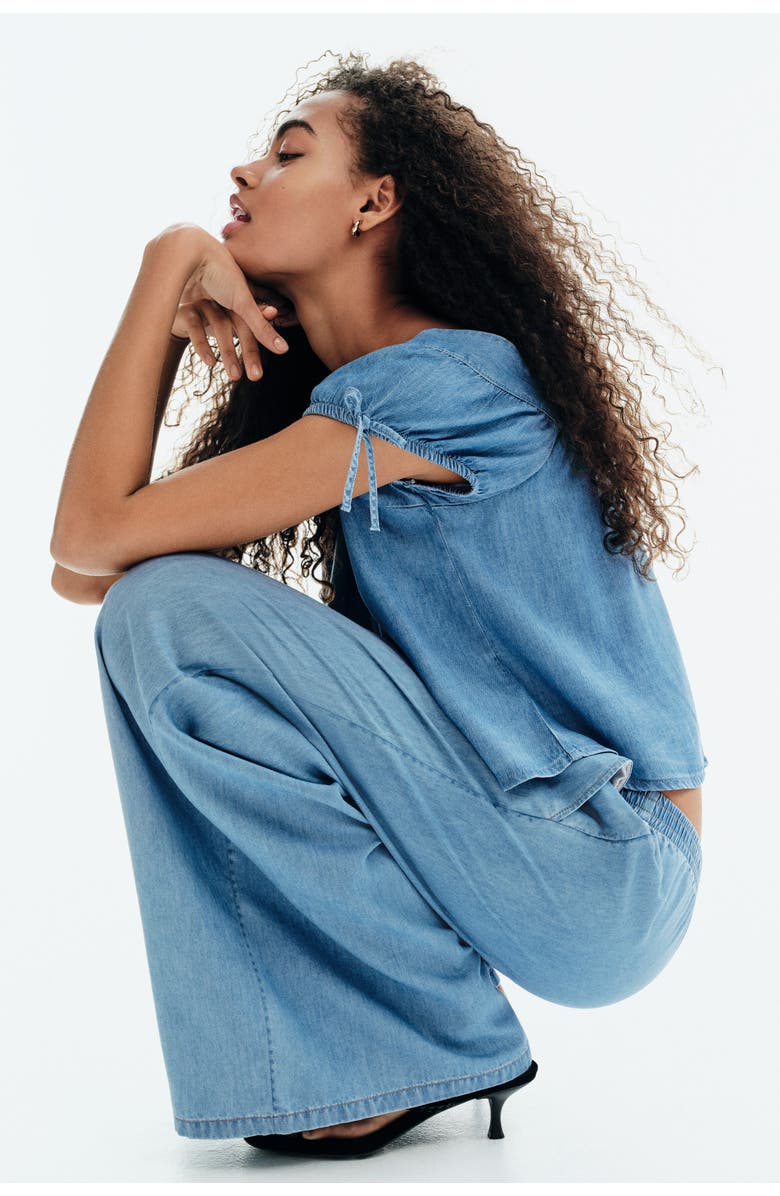 H&M Puff-sleeved Denim Blouse, Alternate, color, Denim Blue