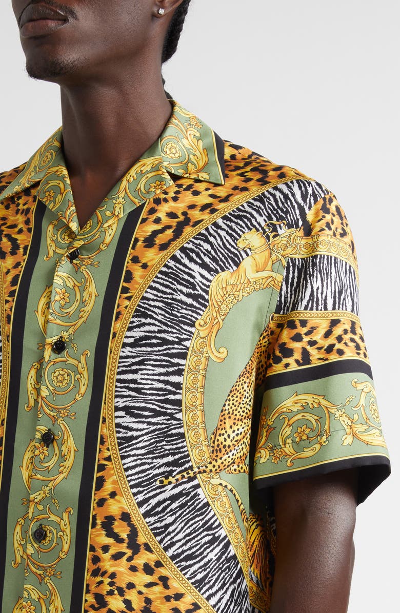 Versace Wild Cats Silk Camp Shirt, Alternate, color, Green Black