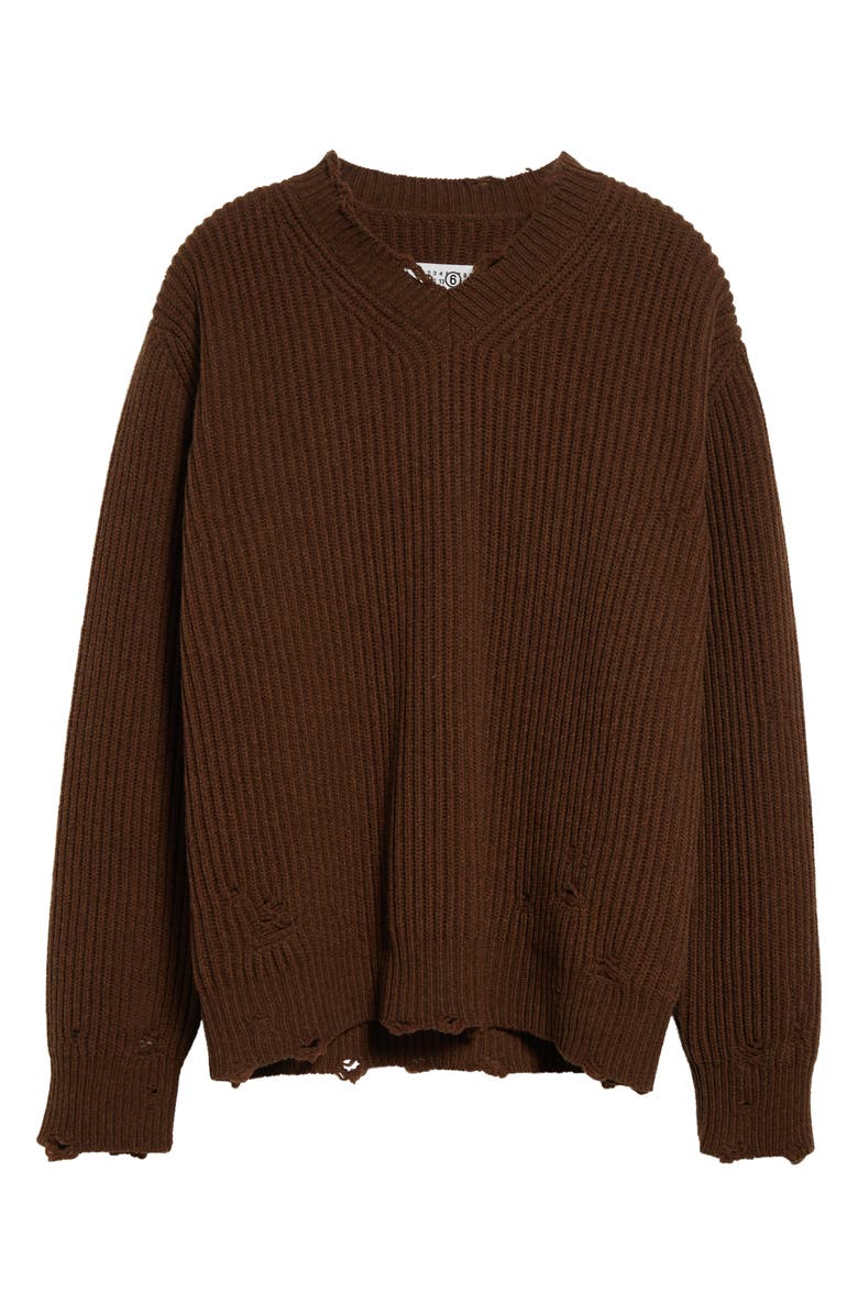MM6 Maison Margiela Distressed Wool Blend V-Neck Sweater, Alternate, color, Brown Melange