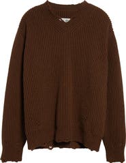 MM6 Maison Margiela Distressed Wool Blend V-Neck Sweater
