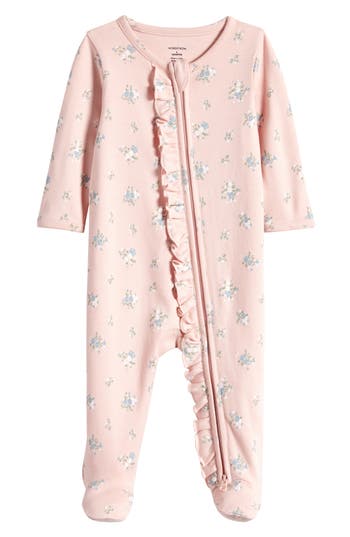 Nordstrom Babies'  Floral Ruffle Zip-up Cotton Footie In Pink