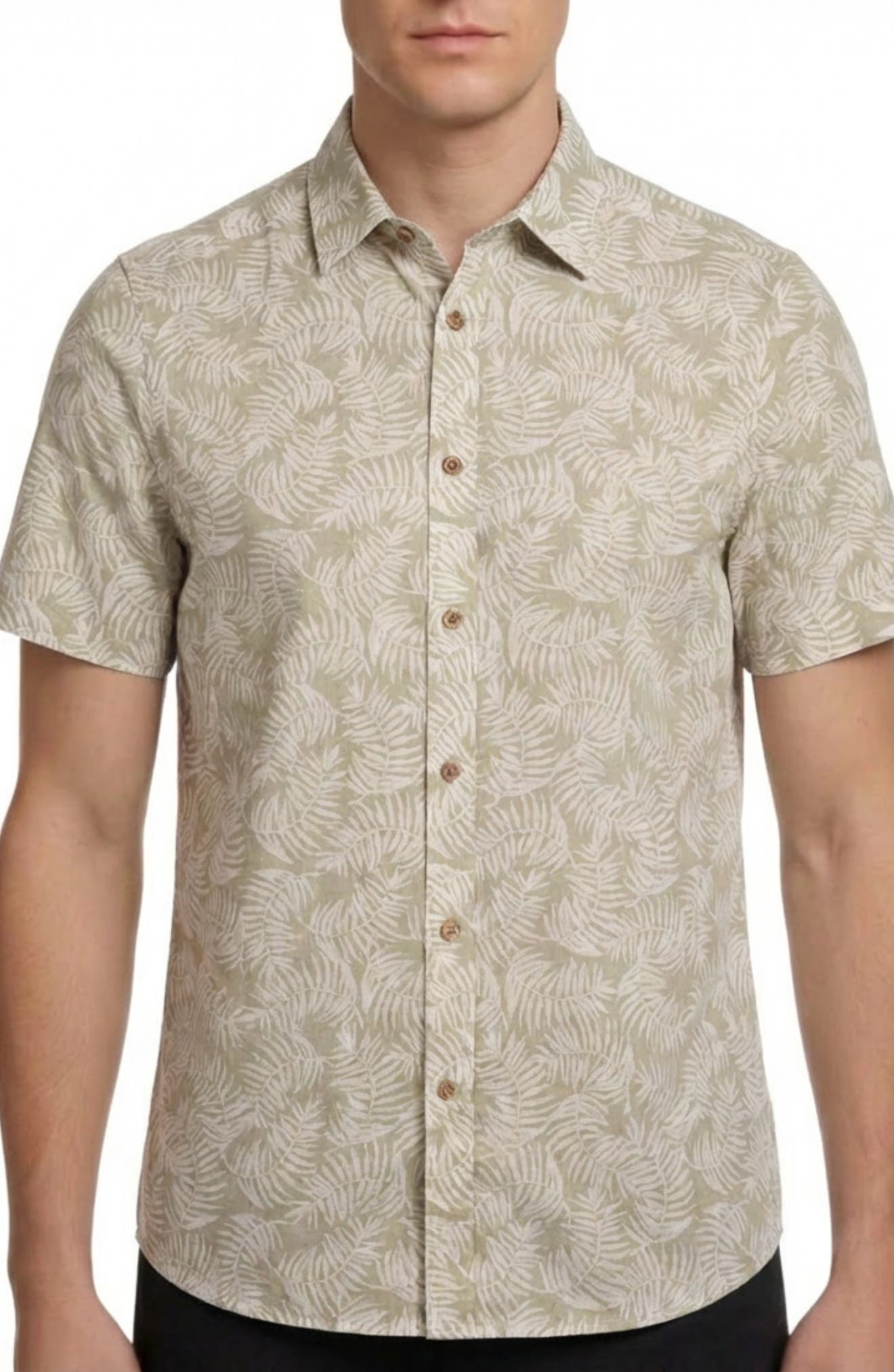 Report Collection Palm Leaf Print Short Sleeve Linen & Cotton Blend Button-Up Shirt