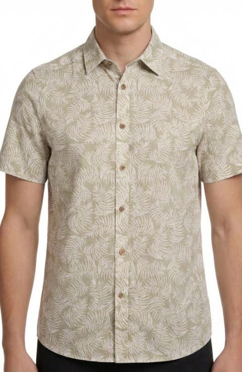 Palm Leaf Print Short Sleeve Linen & Cotton Blend Button-Up Shirt