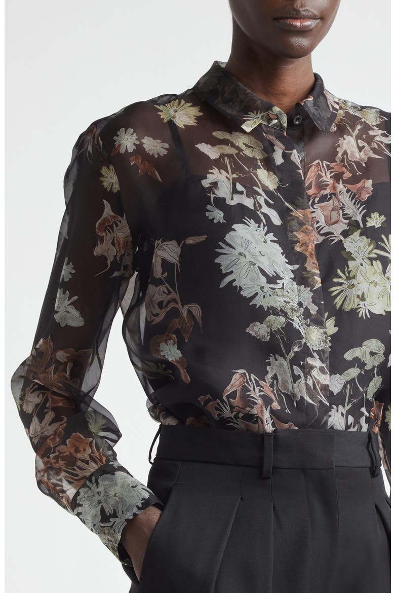 Chika Floral Print Sheer Silk Organza Button-Up Shirt, Alternate, color, BLACK FLOWERS