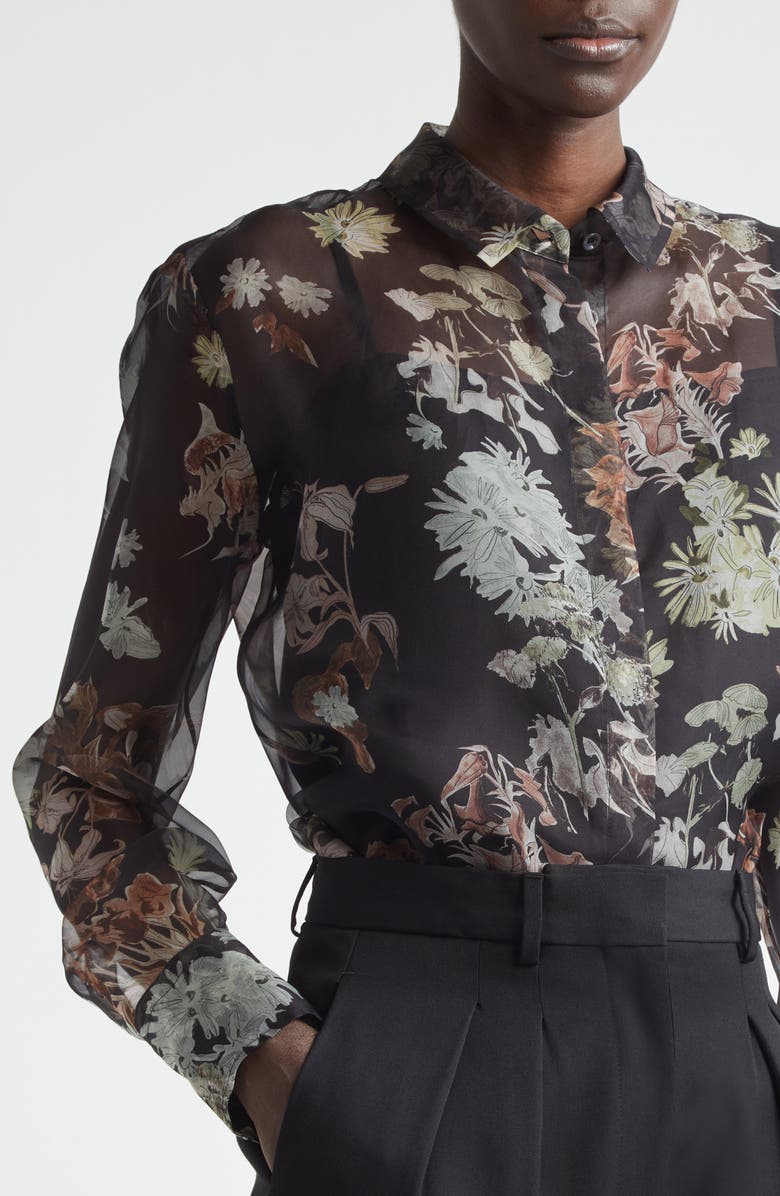 Altuzarra Chika Floral Print Sheer Silk Organza Button-Up Shirt, Alternate, color, Black Flowers