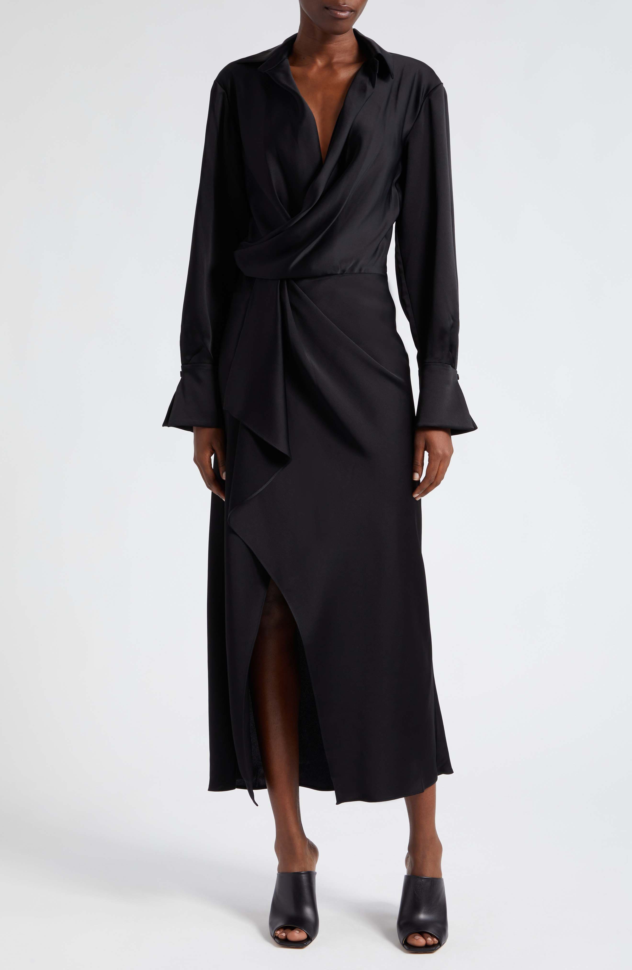 Talita Long Sleeve Faux Wrap Satin Dress