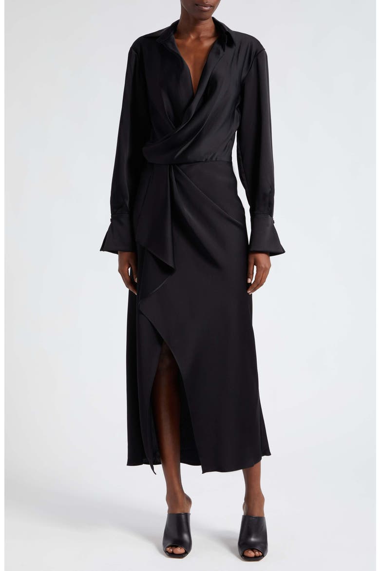 Talita Long Sleeve Faux Wrap Satin Dress, Main, color, BLACK