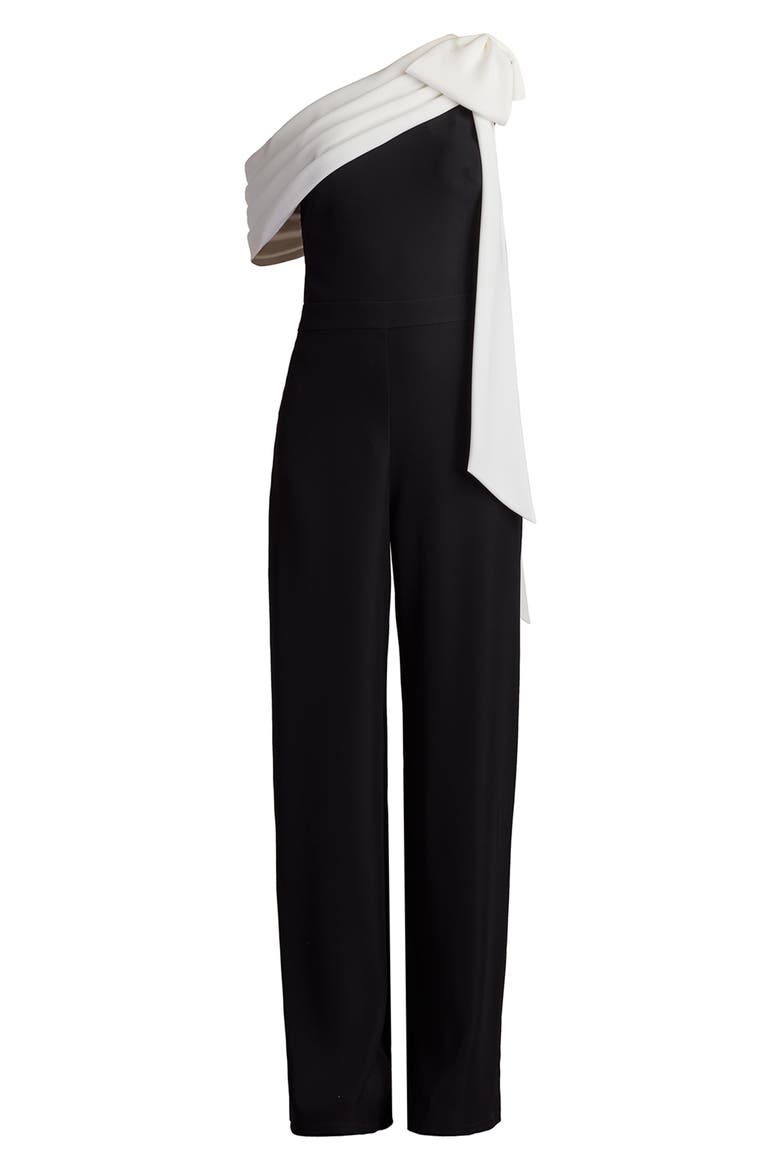 Bow One-Shoulder Crepe Jumpsuit, Alternate, color, BLACK/ WHITE