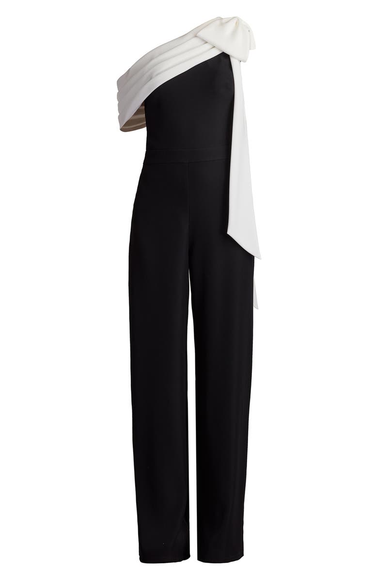 Tadashi Shoji Bow One-Shoulder Crepe Jumpsuit, Alternate, color, Black/ White