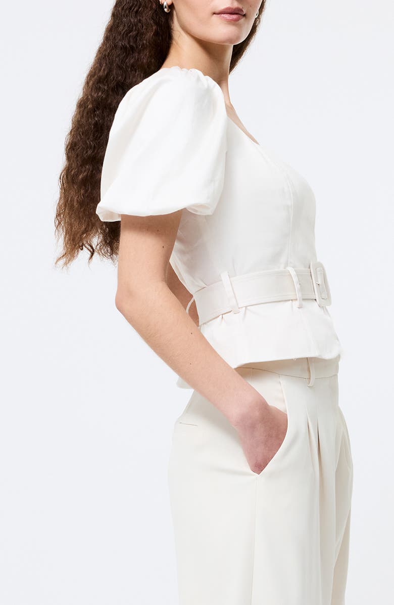 French Connection Belted Puff Sleeve Sateen Top, Alternate, color, Porcelain Cream