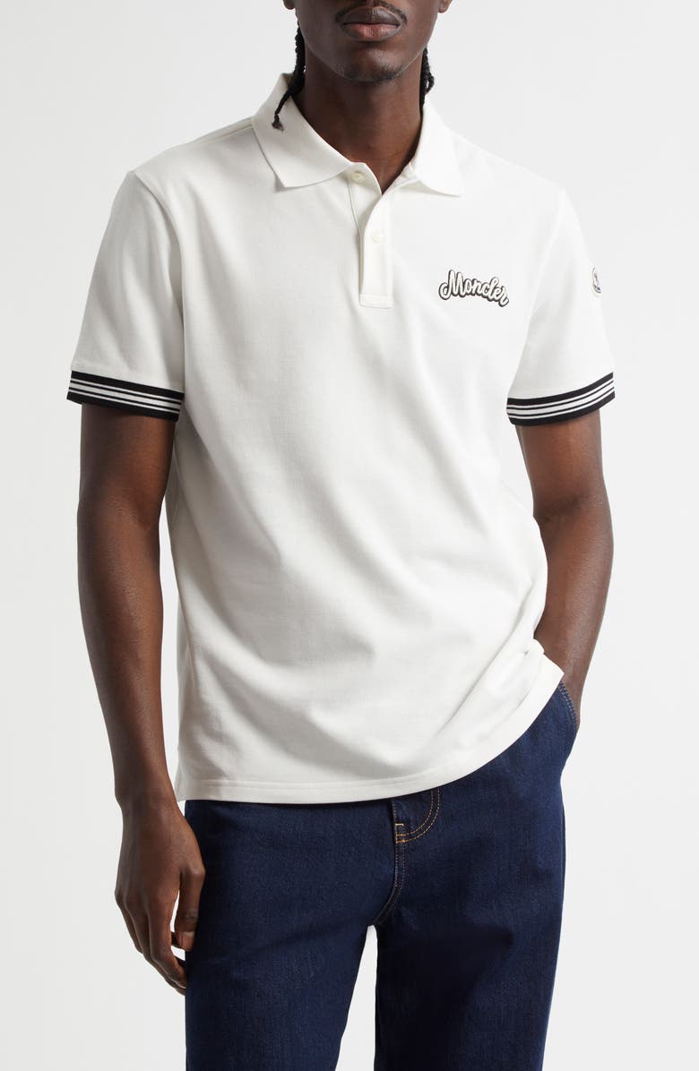 Moncler Logo Embroidered Cotton Polo, Main, color, Silk White