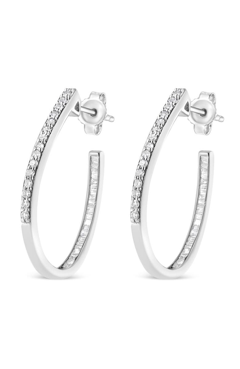 Haus of Brilliance Silver 1/2 Ct Round and BaguetteDiamond Inside-Outside Hoop Earrings, Alternate, color, White