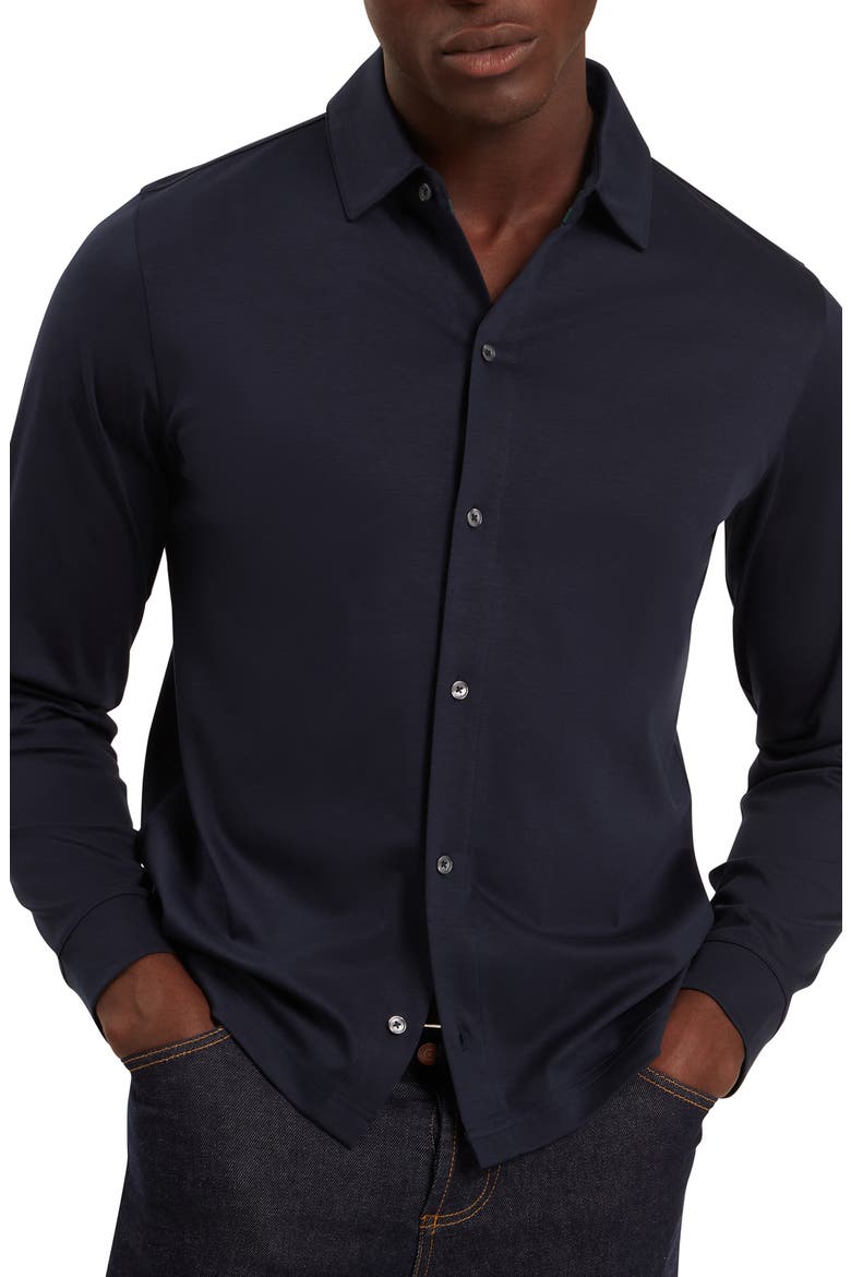 Quillon Navy Knit Cotton Button-Up Shirt, Main, color, NAVY